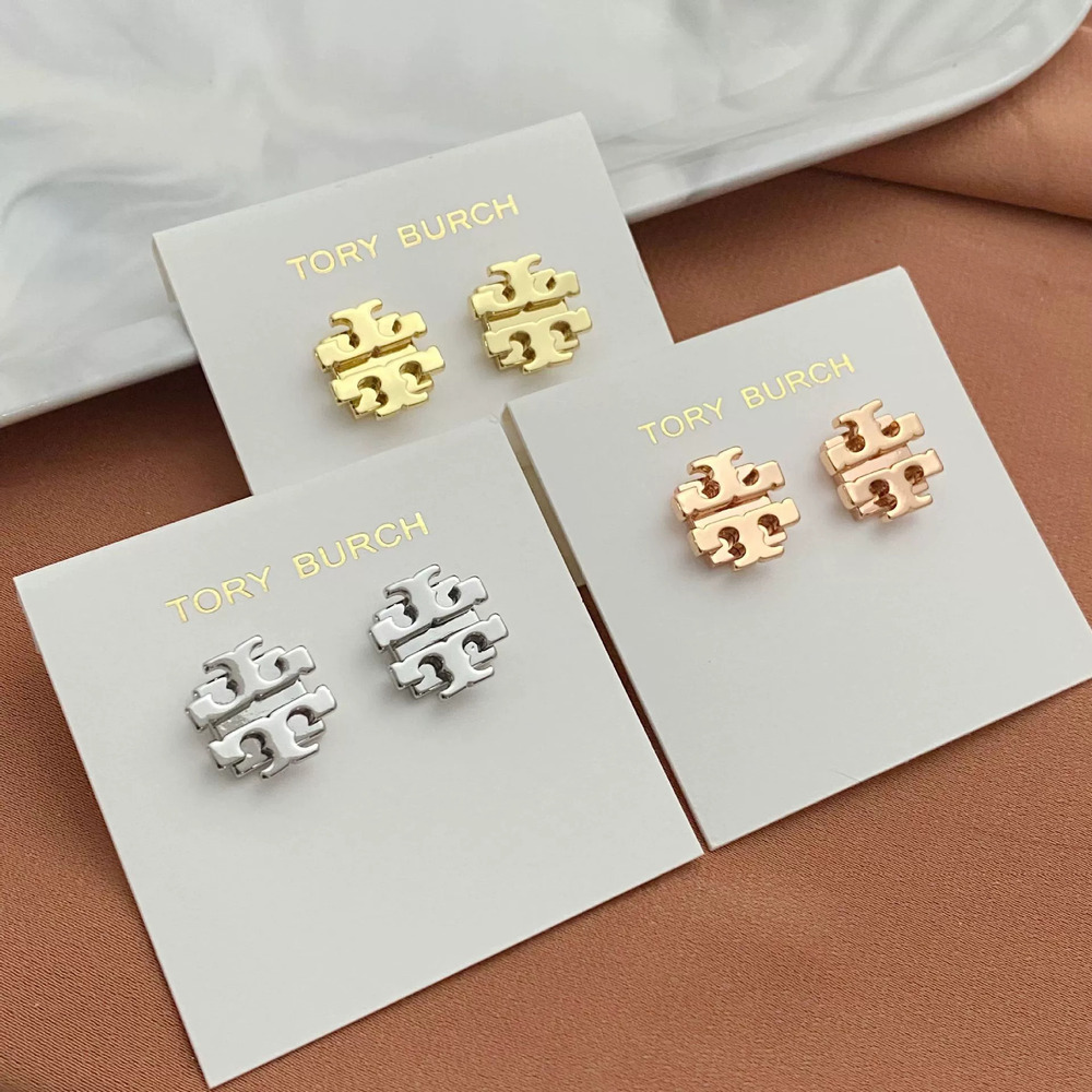 Tory Burch Inlaid Glossy Letter Stud Earrings Metal
